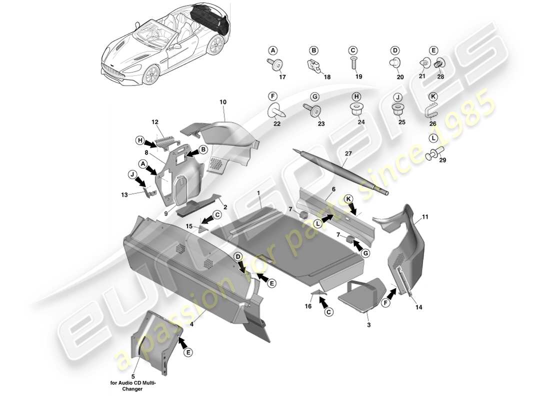 aston martin vanquish (2013) load campartment trim, volante part diagram