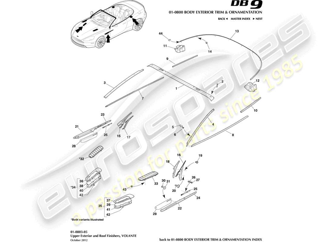 aston martin db9 (2015) upper exterior finishers, volante part diagram