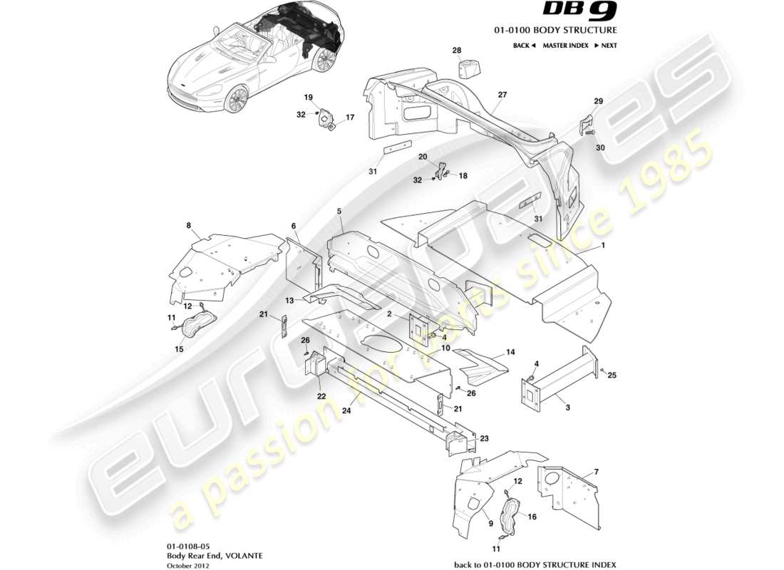 aston martin db9 (2015) body rear end, volante part diagram