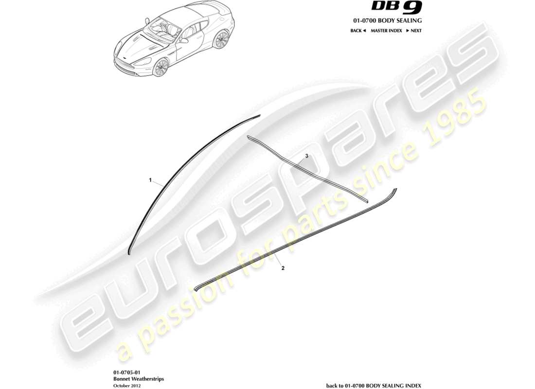 aston martin db9 (2015) bonnet weatherstrips part diagram