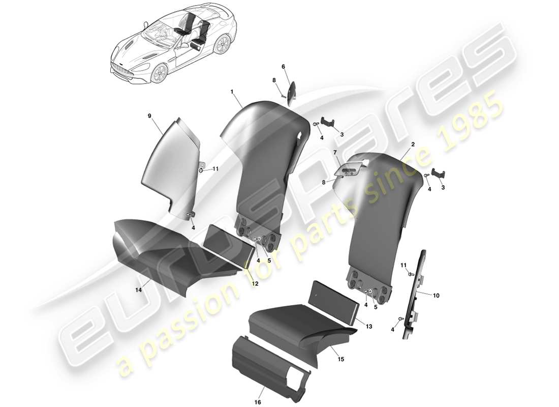 aston martin vanquish (2014) rear seats, coupe part diagram