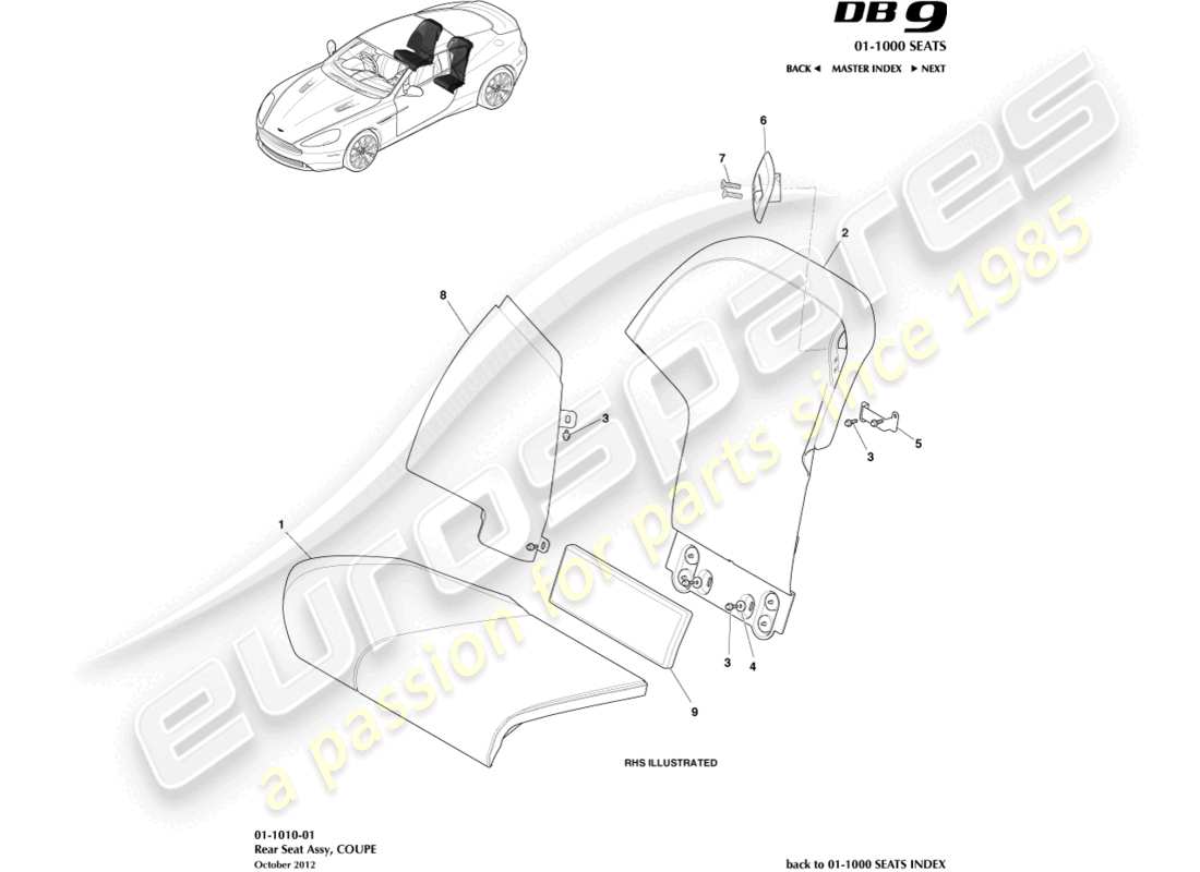 aston martin db9 (2017) rear seats, coupe part diagram