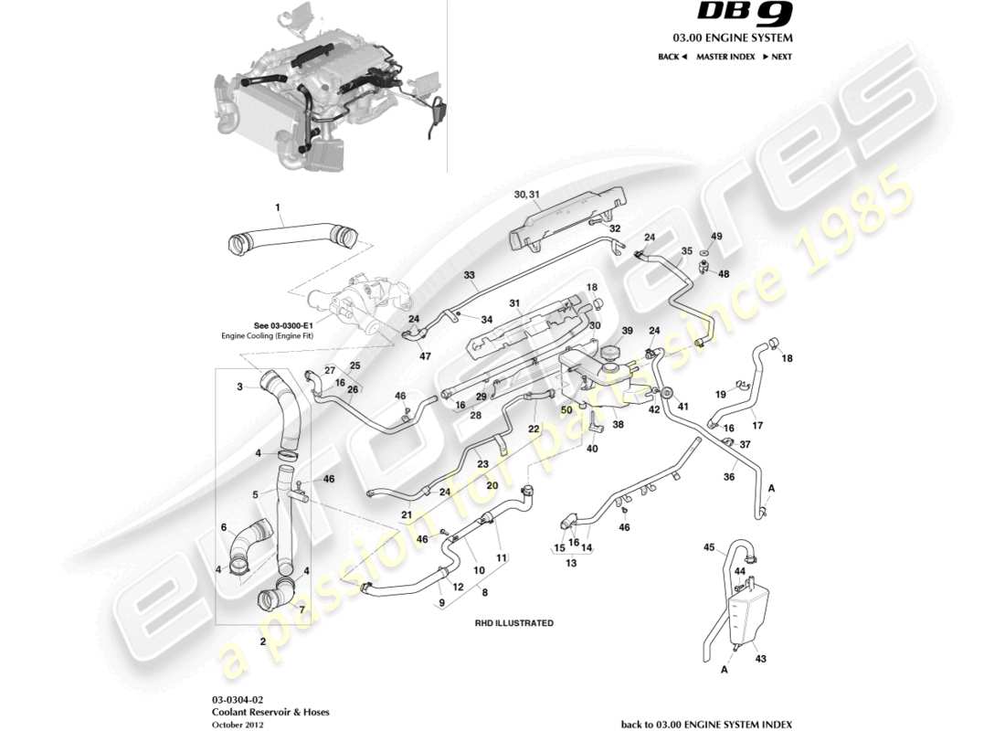 aston martin db9 (2016) coolant reservoir & hoses part diagram
