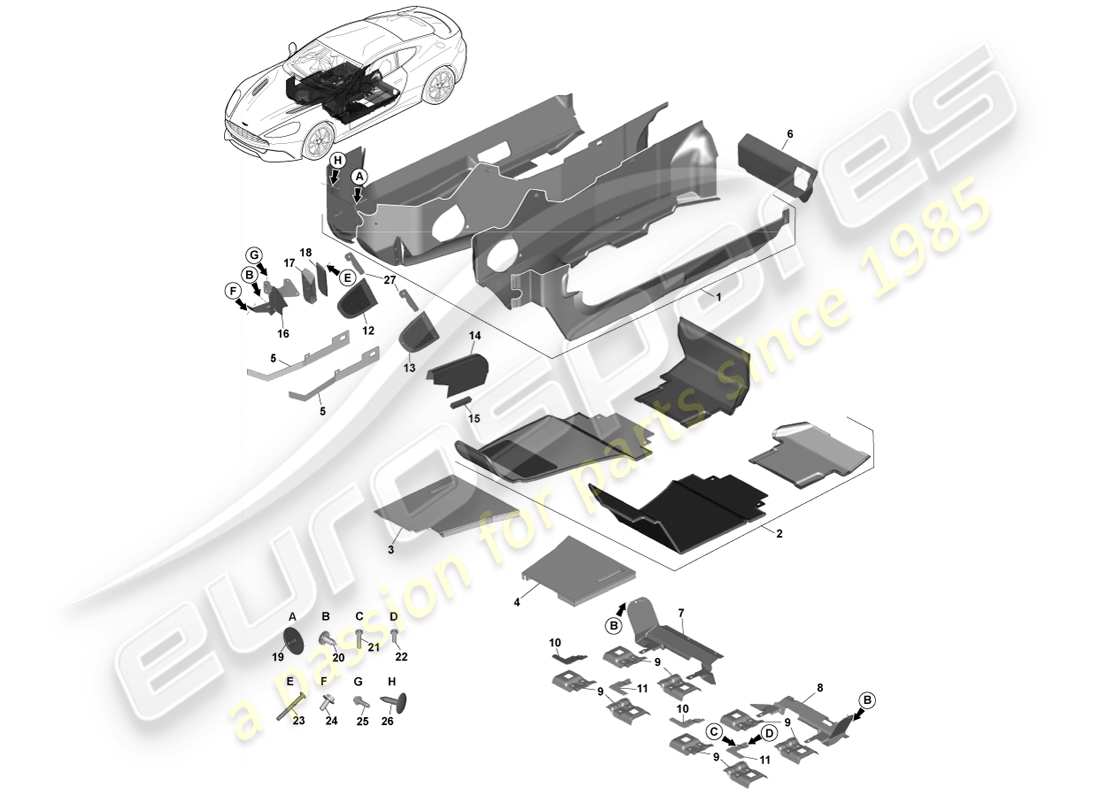 aston martin vanquish (2013) main floor trim, rhd part diagram