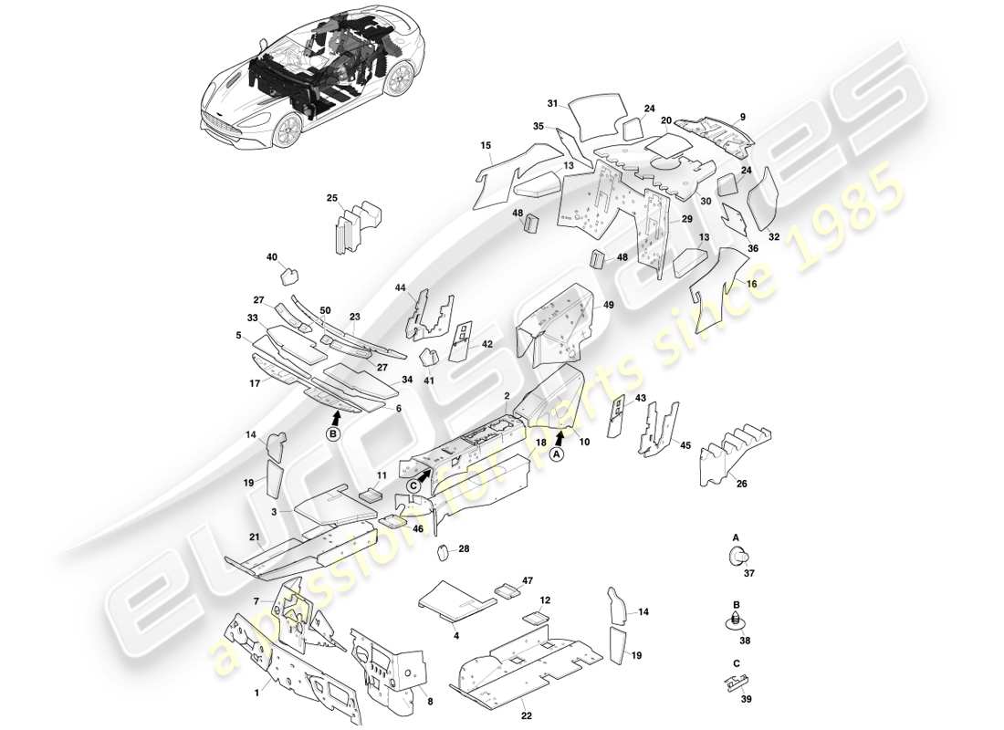 aston martin vanquish (2013) noise insulation, coupe part diagram