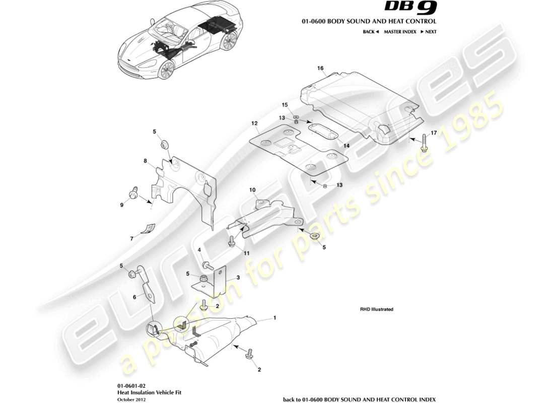 aston martin db9 (2015) heat insulation, vehicle fit part diagram