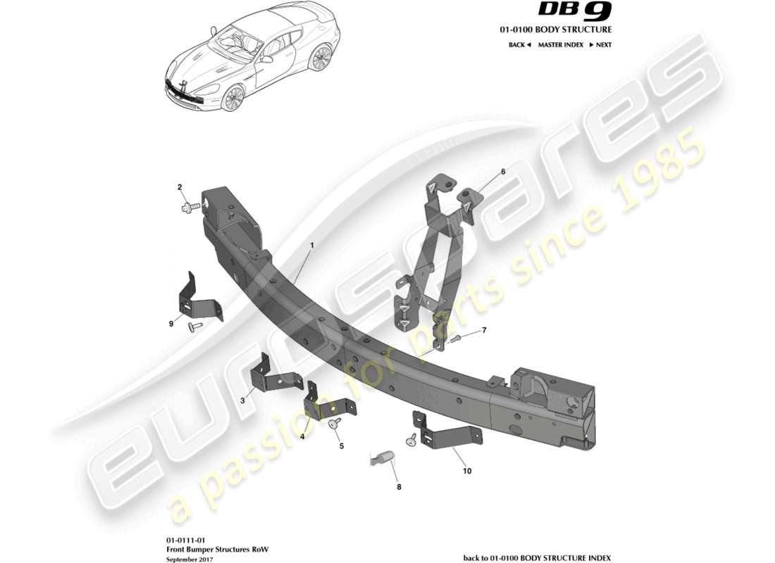 aston martin db9 (2014) front bumper structure, row parts diagram