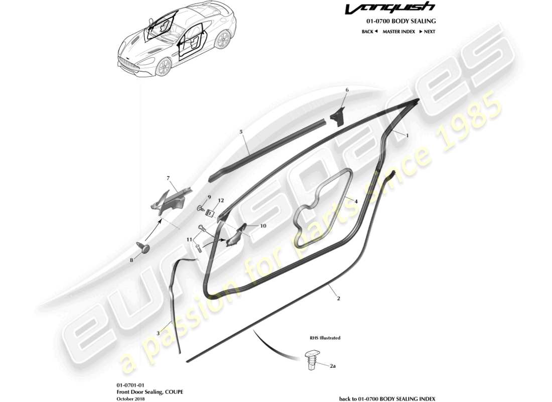 aston martin vanquish (2016) door weatherstrips, coupe part diagram