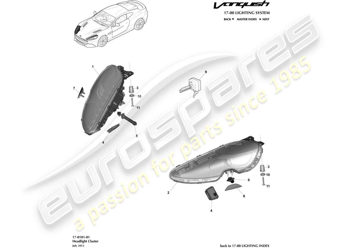 aston martin vanquish (2016) headlights part diagram