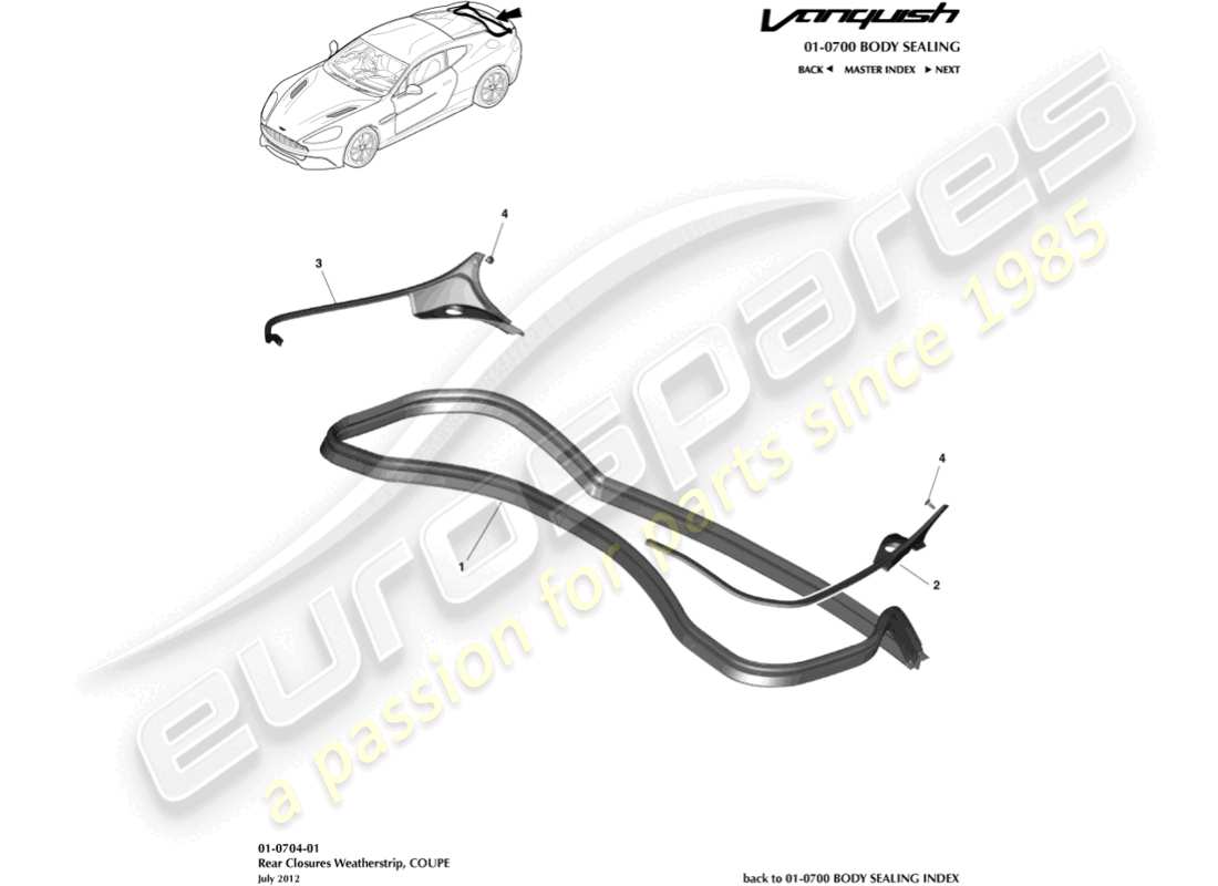 aston martin vanquish (2015) rear closure weatherstrip, coupe part diagram