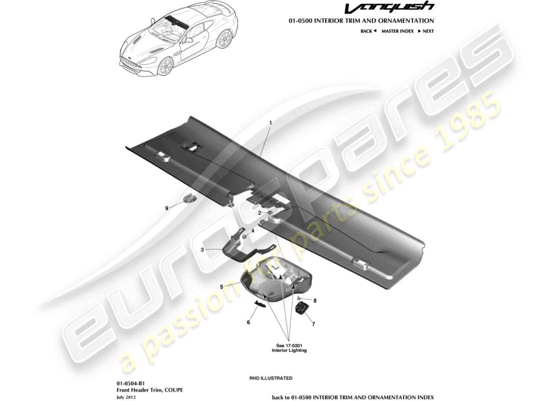 aston martin vanquish (2016) front header trim, coupe part diagram