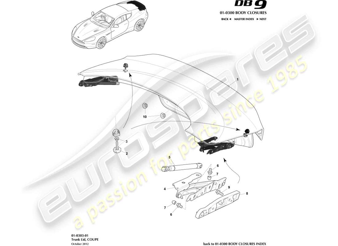 aston martin db9 (2013) trunk lid & hinge, coupe parts diagram