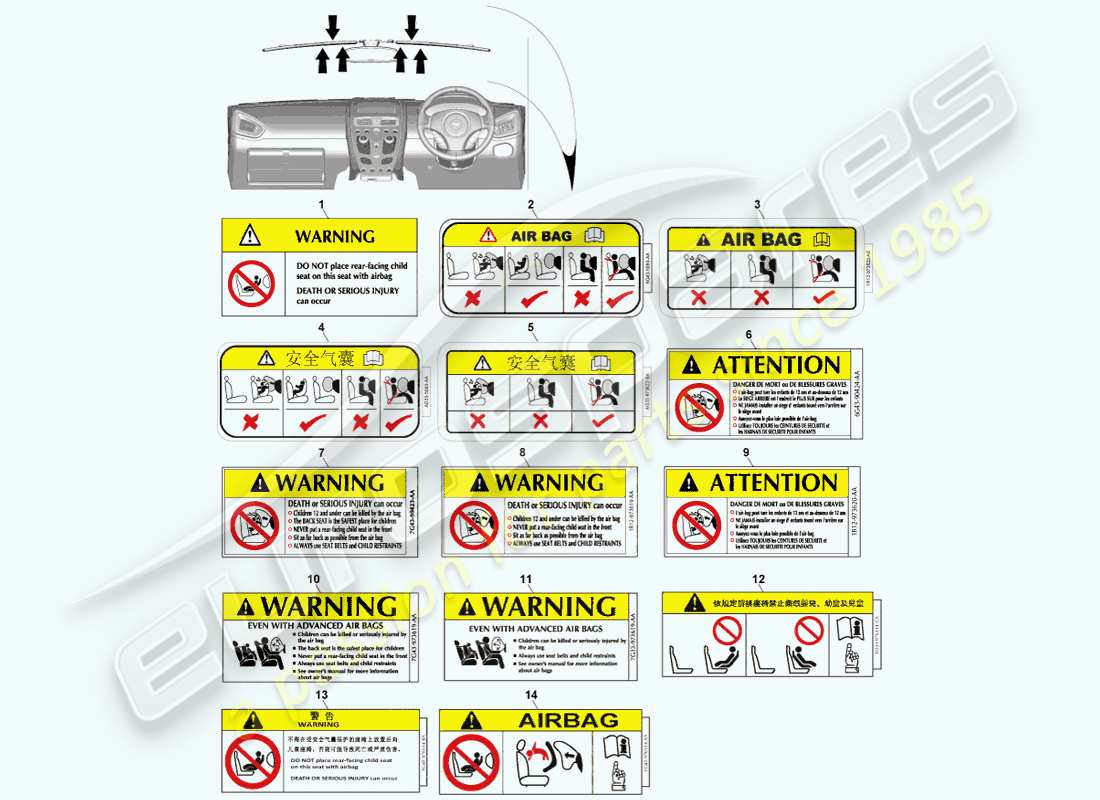 aston martin vanquish (2013) airbag warning labels part diagram