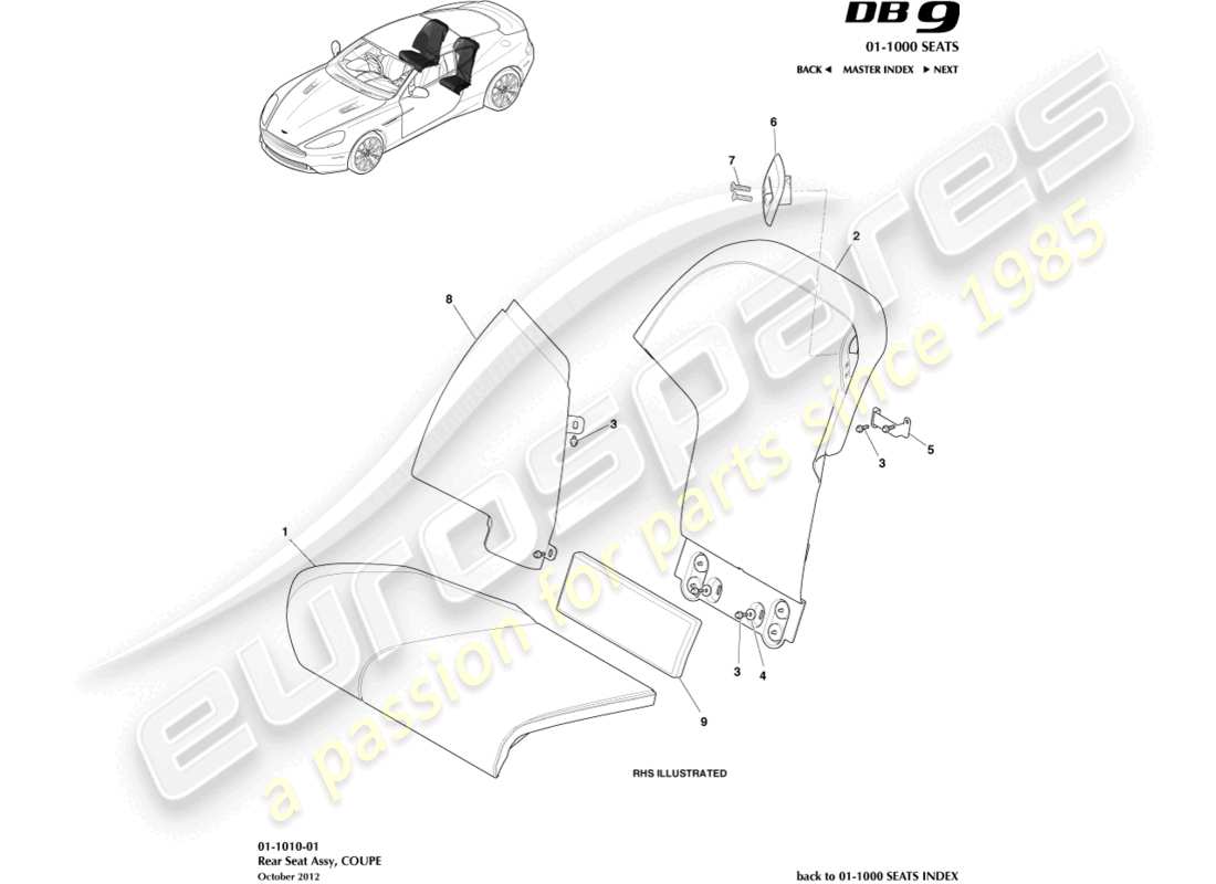 aston martin db9 (2015) rear seats, coupe part diagram