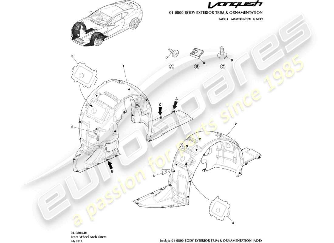 aston martin vanquish (2018) front wheel arch liners part diagram