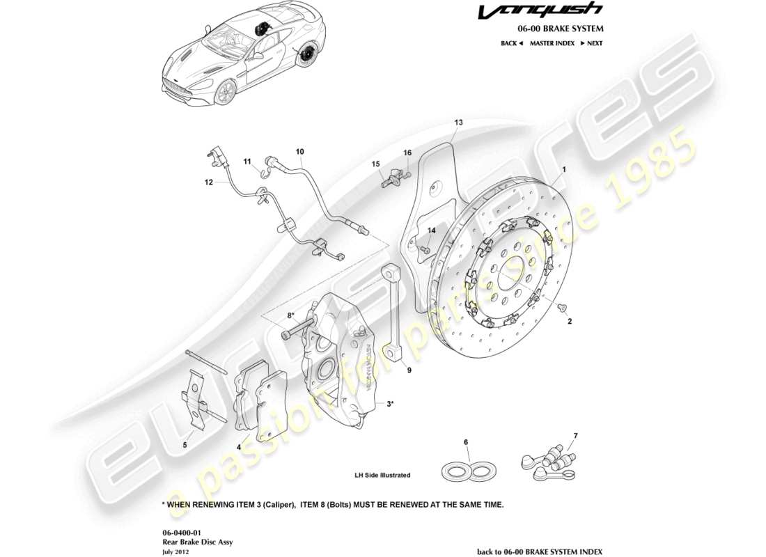 aston martin vanquish (2018) rear brake system part diagram