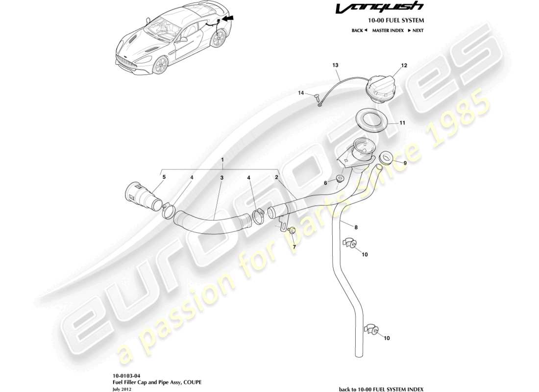 aston martin vanquish (2015) fuel filler assembly, coupe part diagram