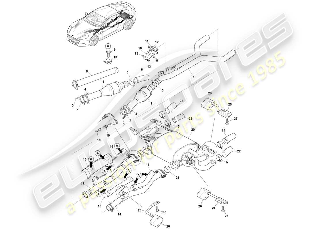 aston martin vanquish (2014) exhaust system, s part diagram