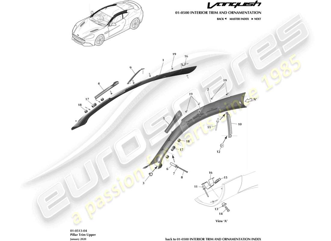 aston martin vanquish (2016) pillar trim, upper, coupe part diagram