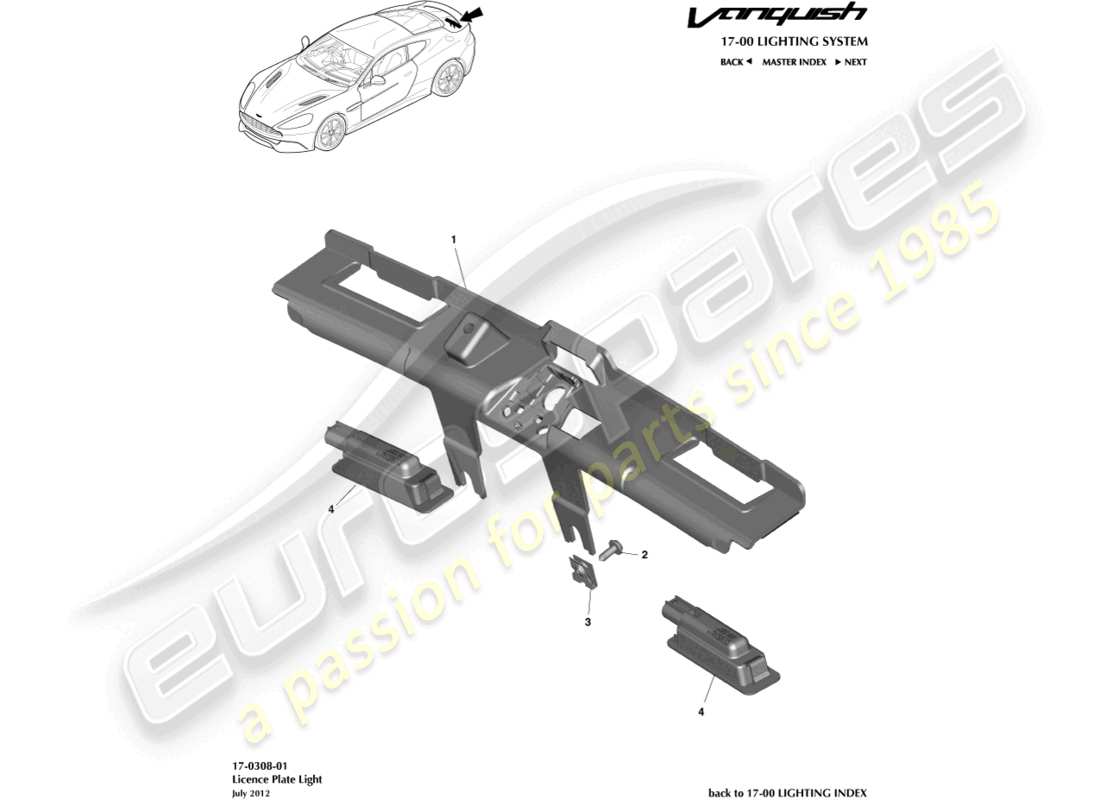 aston martin vanquish (2016) license plate lamps part diagram