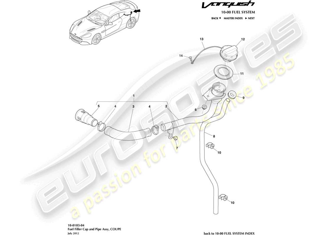 aston martin vanquish (2018) fuel filler assembly, coupe part diagram