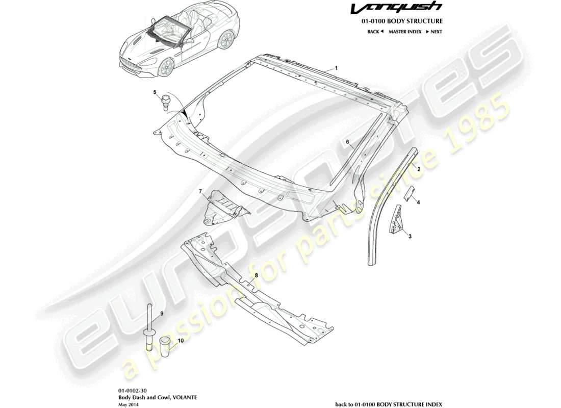 aston martin vanquish (2018) body dash & cowl, volante part diagram