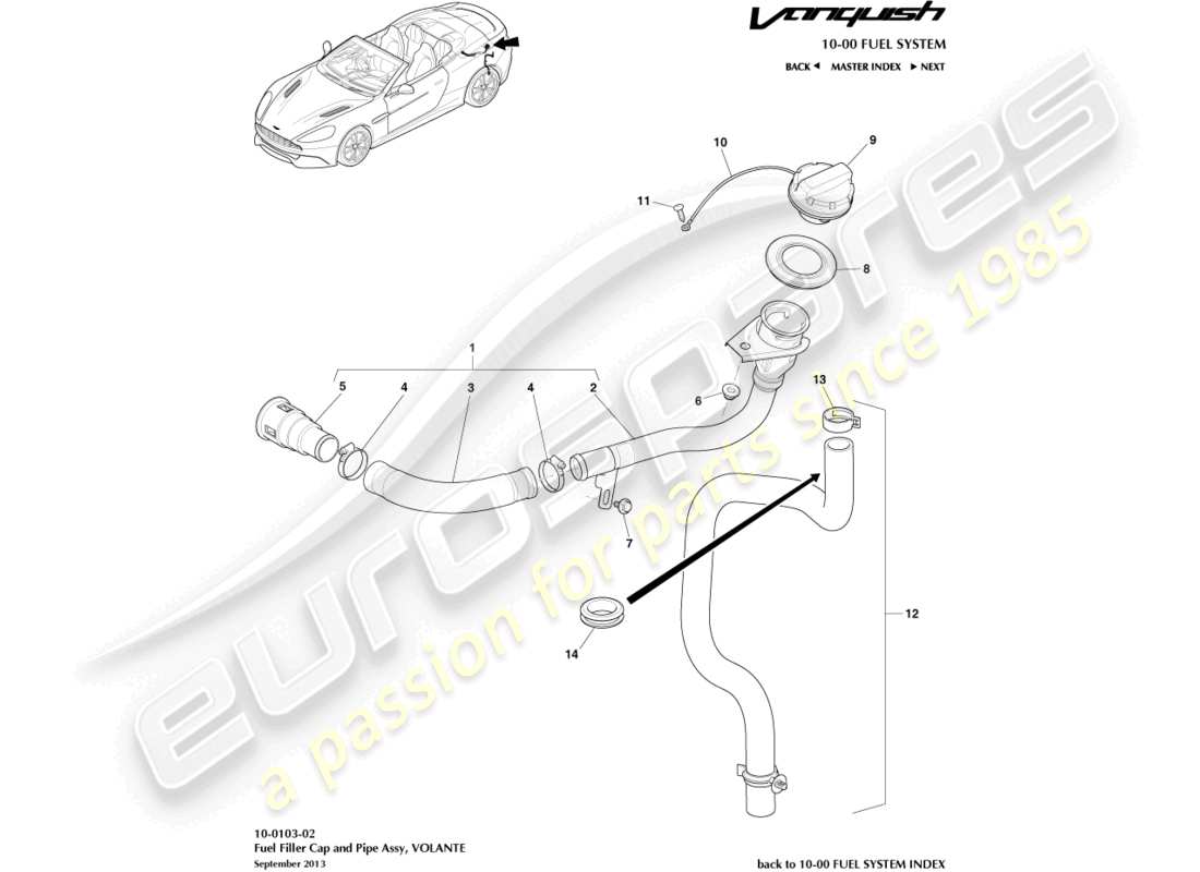 aston martin vanquish (2018) fuel filler assembly, volante part diagram