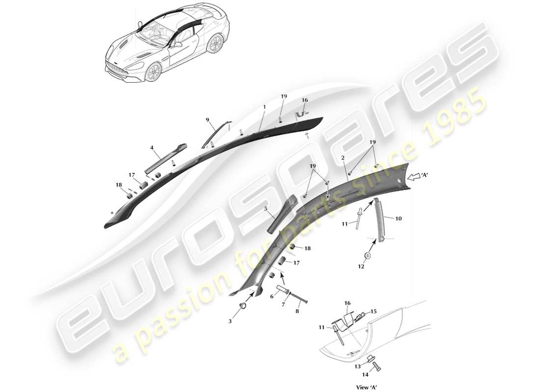 aston martin vanquish (2013) pillar trim, upper, coupe part diagram