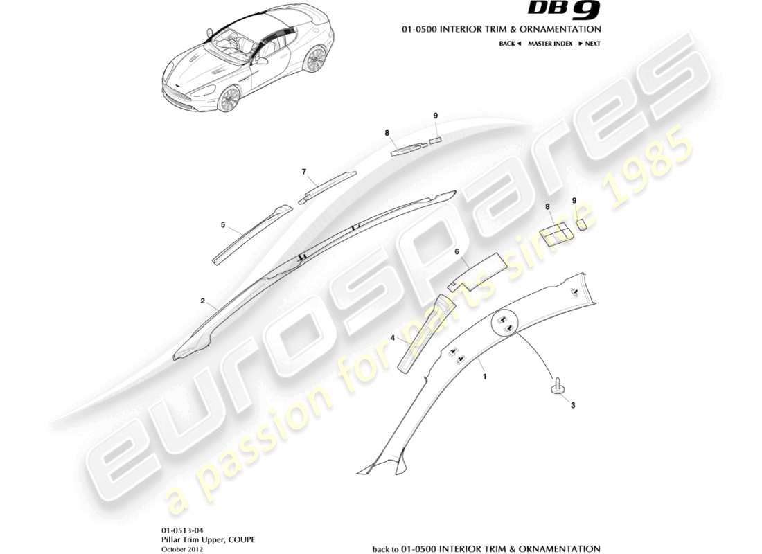 aston martin db9 (2015) pillar trim, upper, coupe part diagram