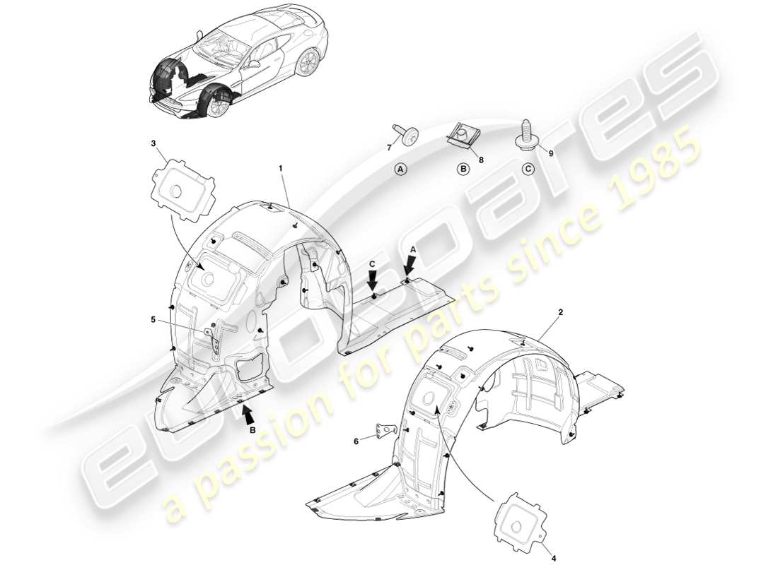 aston martin vanquish (2013) front wheel arch liners part diagram