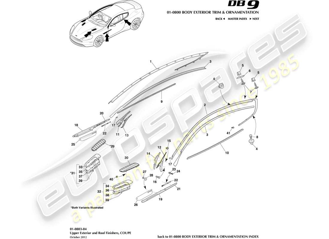 aston martin db9 (2015) upper exterior finishers, coupe part diagram