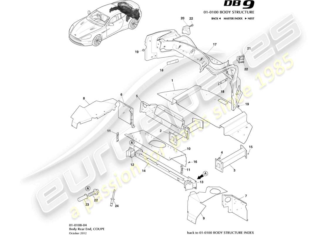 aston martin db9 (2015) body rear end, coupe part diagram