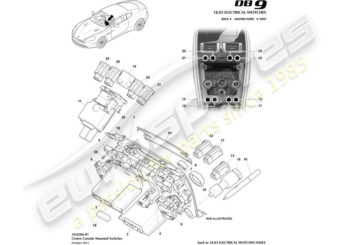aston martin db9 (2015) centre console switches, to 16my part diagram