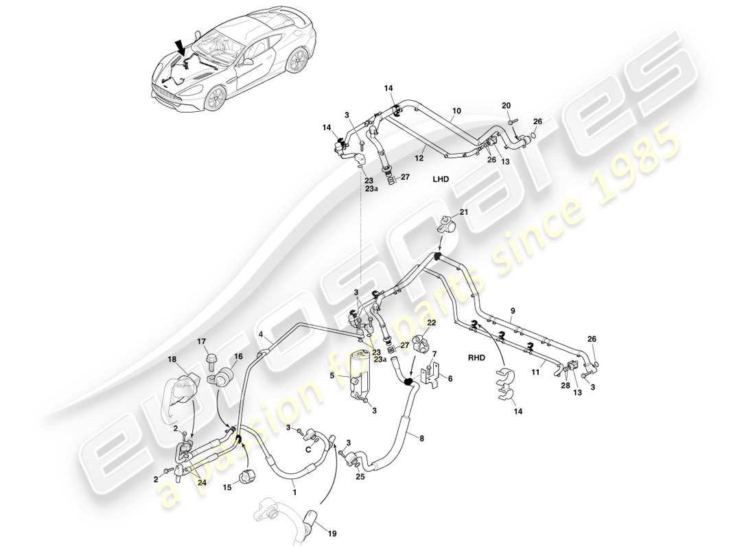 aston martin vanquish (2014) air con lines, r134a gas part diagram