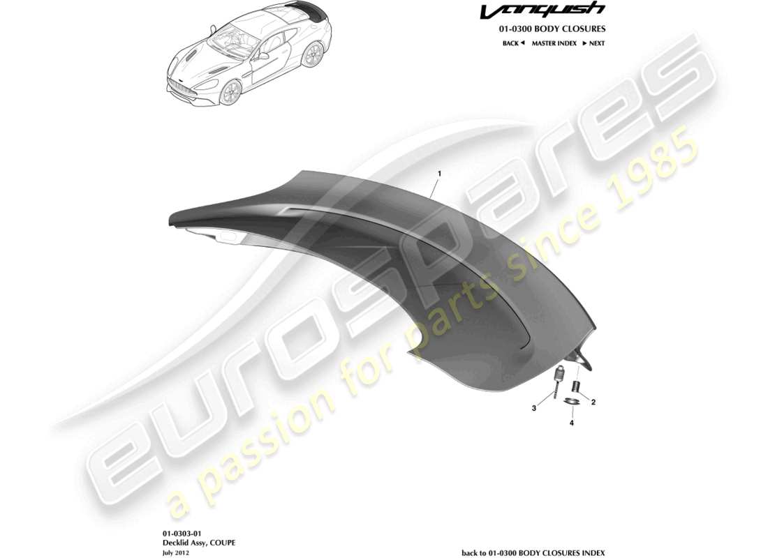 aston martin vanquish (2018) tailgate assembly, coupe part diagram