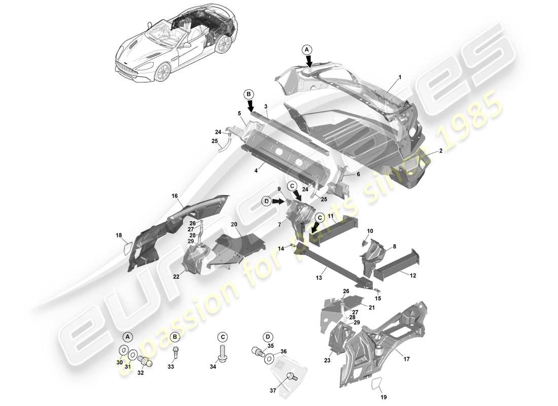 aston martin vanquish (2013) body rear end, volante part diagram