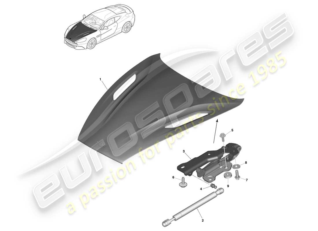 aston martin vanquish (2013) bonnet and hinges part diagram