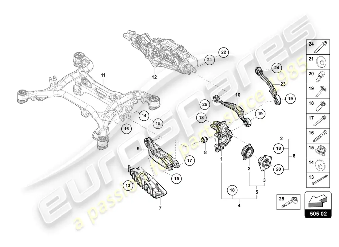 lamborghini urus (2022) wheel hub with bearing and control arm parts diagram