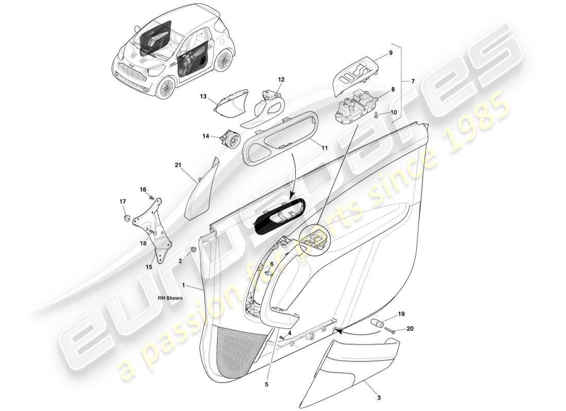 aston martin cygnet (2012) front door trim panel part diagram