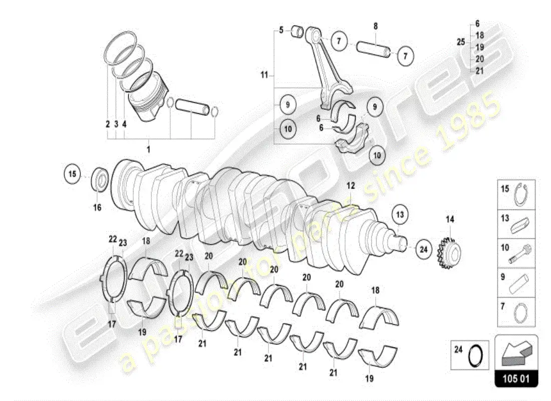 lamborghini diablo vt (1995) crankshaft with bearings parts diagram