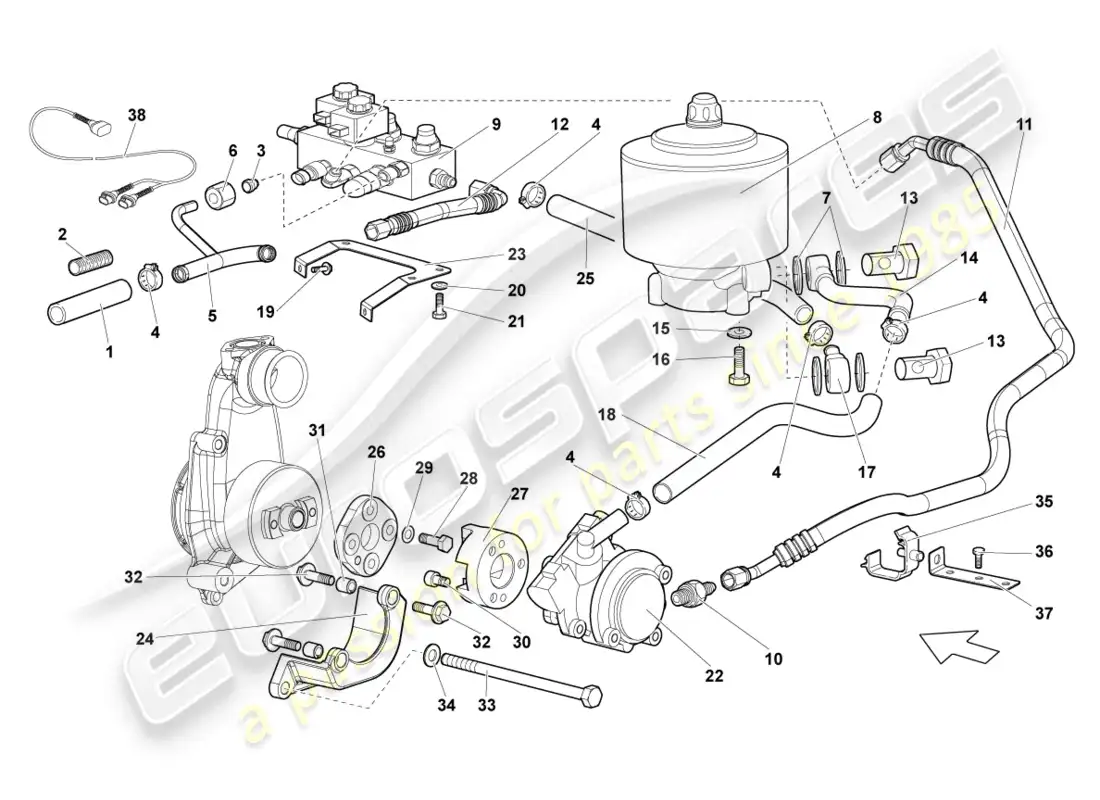 lamborghini reventon hydraulic system and fluid container with connect. pieces parts diagram