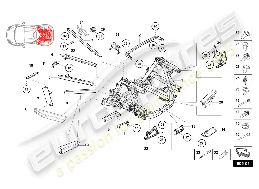 lamborghini evo spyder (2023) chassis rear, inner parts diagram