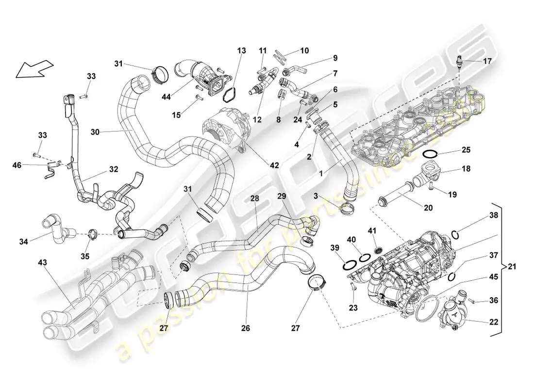 lamborghini lp570-4 sl (2012) coolant regulator housing with thermostat parts diagram