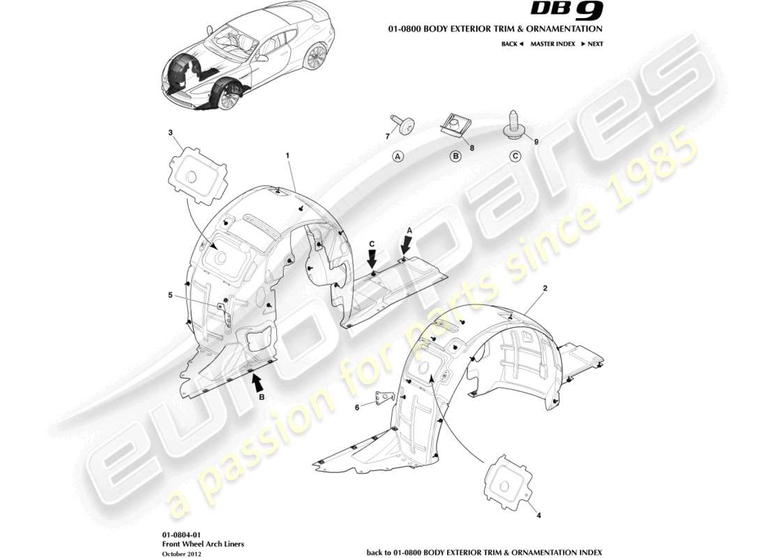aston martin db9 (2015) front wheel arch liners part diagram