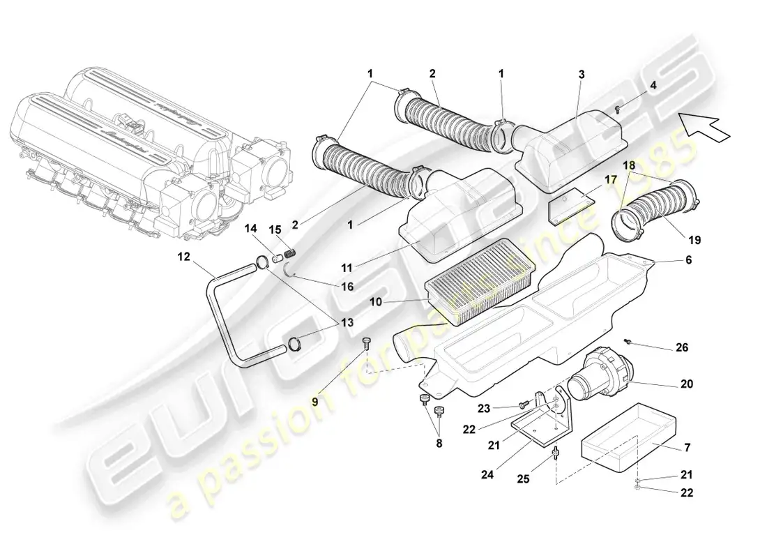 lamborghini gallardo coupe (2008) air filter parts diagram