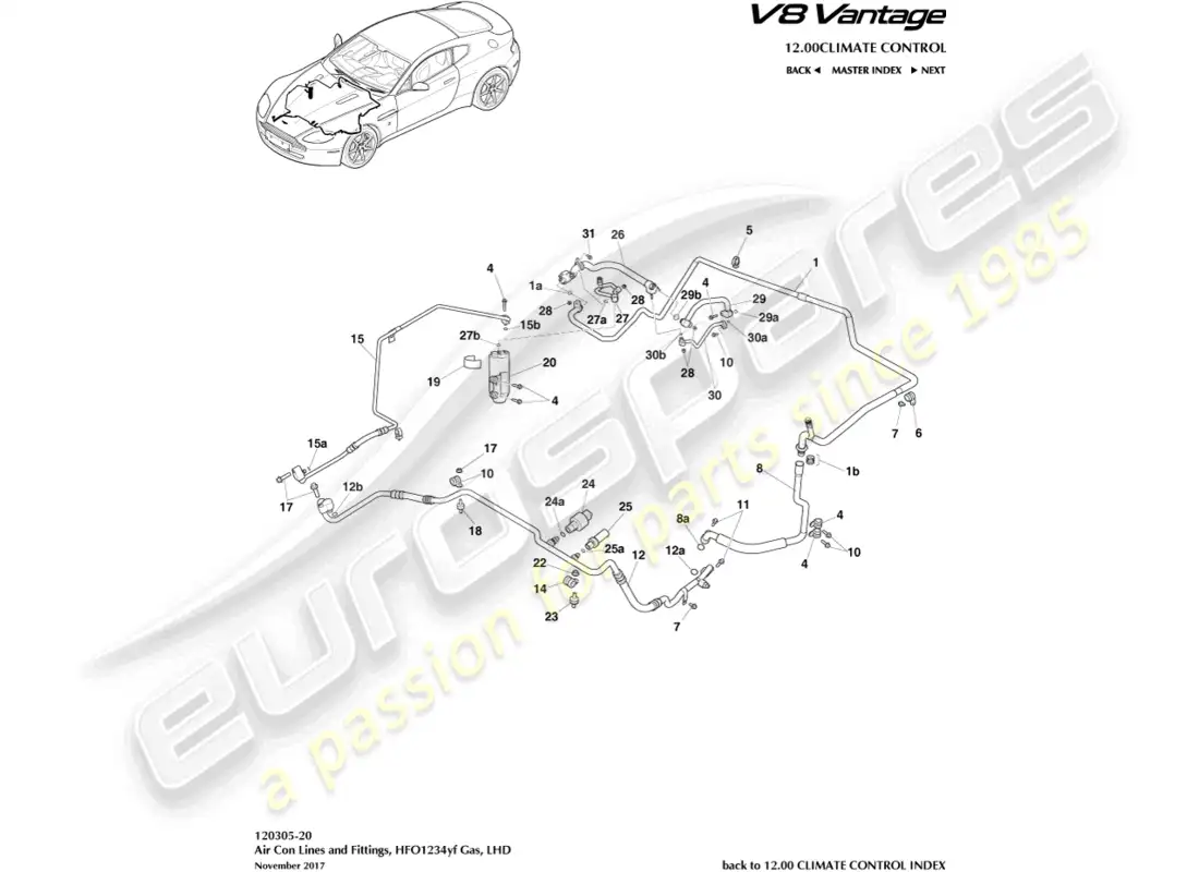 aston martin v8 vantage (2015) air con lines, hfo1234yf gas, lhd part diagram
