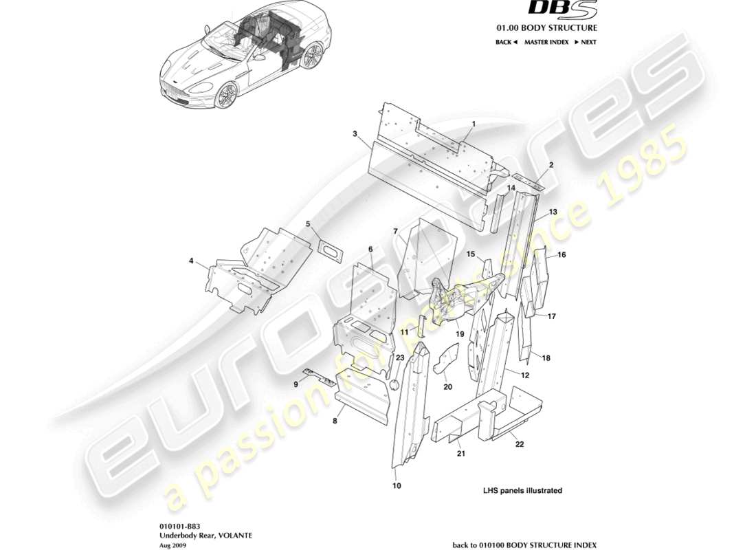 aston martin dbs (2009) underbody rear, volante part diagram