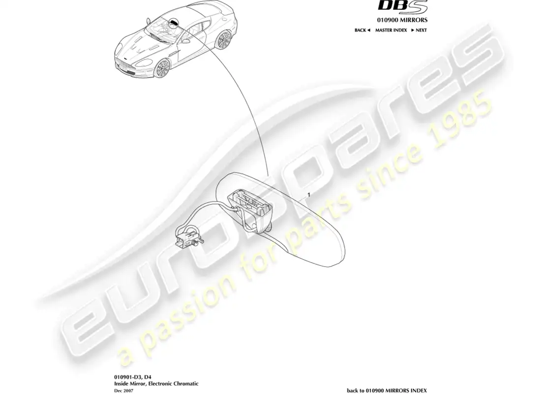 aston martin dbs (2010) interior mirror, chromatic parts diagram