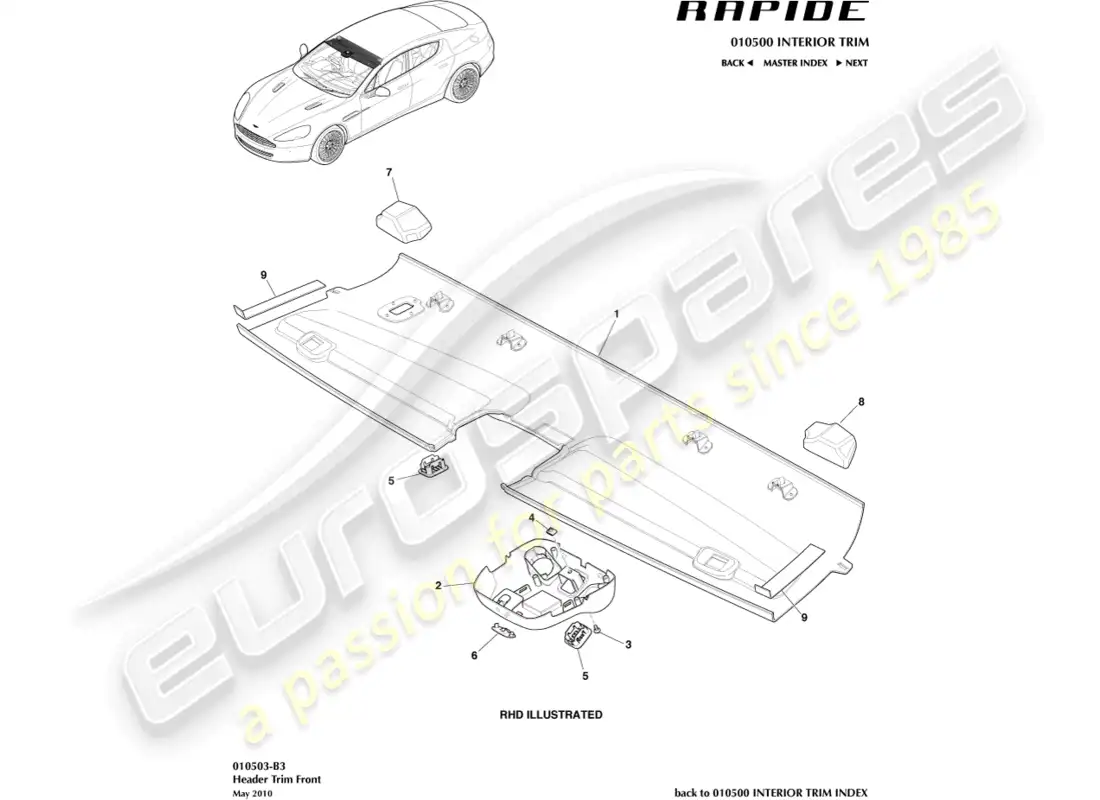 aston martin rapide (2017) front header trim parts diagram