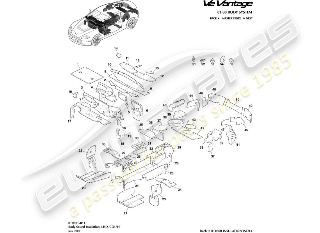 aston martin v12 vantage (2012) body insulation, coupe lhd part diagram